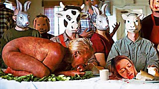 Семья каннибалов в масках ест людей в качестве основного блюда в своем меню