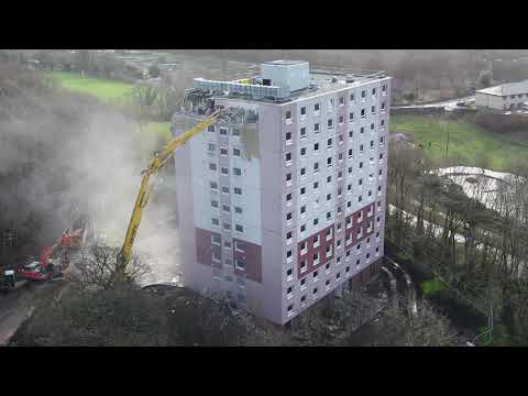 Start of the demolition of Peel House in Bingley, West Yorkshire.