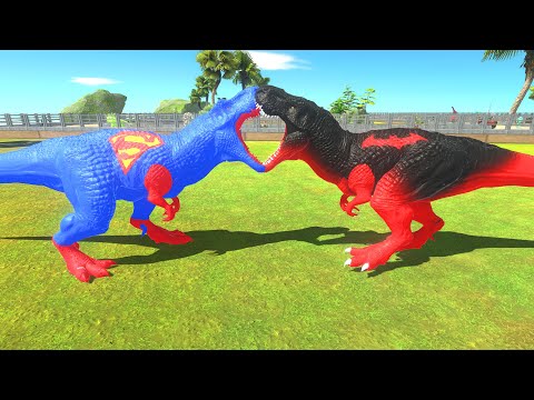 GREEN SUPERMAN VS RED BATMAN T-REX DEATH RUN - Animal Revolt Battle Simulator