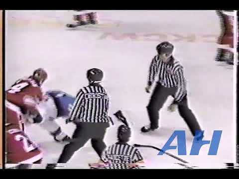 AHL ?. ?, 1989-90 Dallas Eakins,MON v Torrie Robertson,ADI (HL) Moncton Hawks Adirondack Red Wings