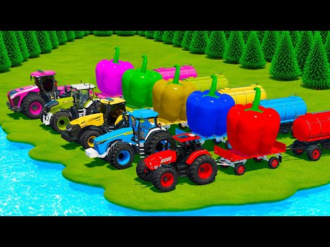 JOHN DERRE vs LAMBORGHINI vs CLAAS vs CASE vs FENDT TRACTORS BATTLE WITH GIANT PEPPERS - FS22
