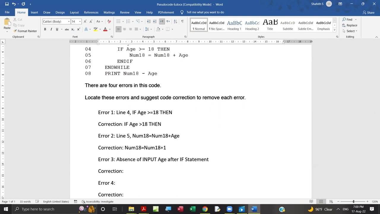 Pseudocode and Program 6   To find Errors and Correct