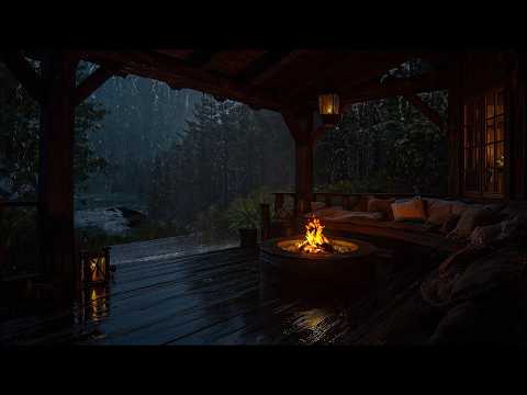 No Ads Crackling Fire & Ocean Rain | Best Rain in the Porch at Night |Sleep Deeply with Rain Sounds