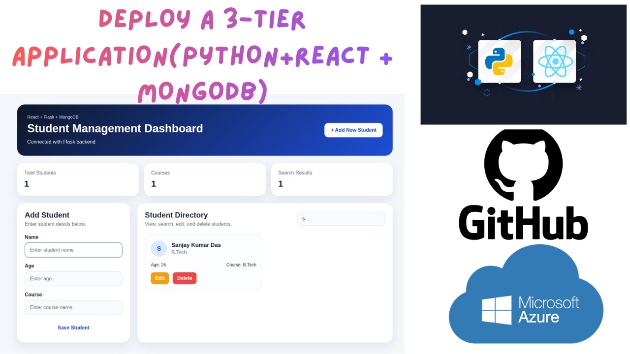 Deploy 3-Tier App to Azure | Python Flask + React + MongoDB CI/CD with GitHub Actions (Step-by-Step)