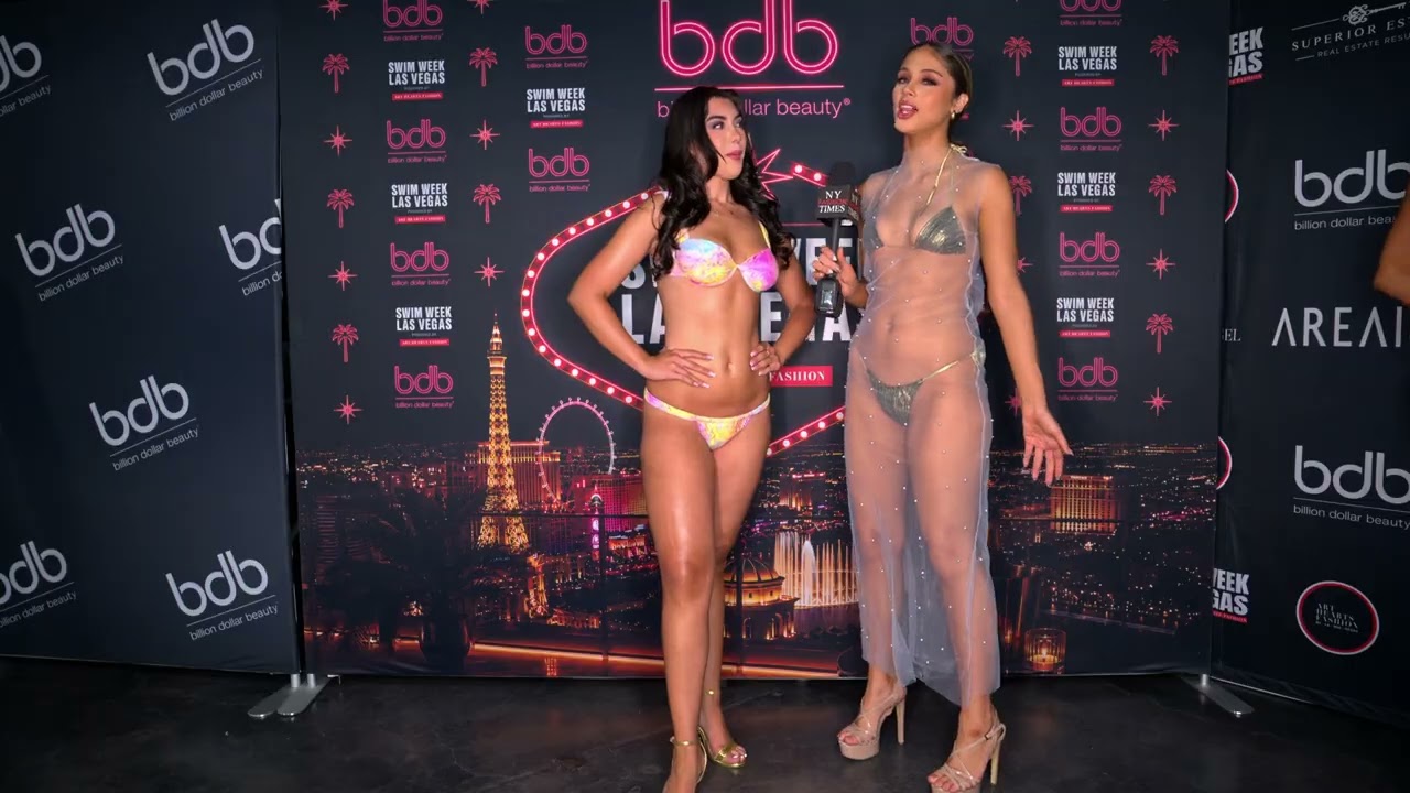 Models Valentina Montiel interviewsTiffany Joy Conde in Sugarpuss Swim at AHF LVSW
