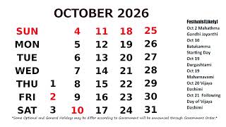 October Calendar 2026