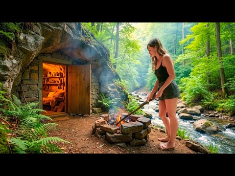 I Spent 15 Days Building a Secret Dugout Shelter Under a Giant Rock. Bushcraft Survival