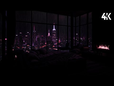 Rainy Night in a Luxury NYC Apartment (No Ads) 🌧️🔥City Lights & Fireplace Ambience for Deep Sleep
