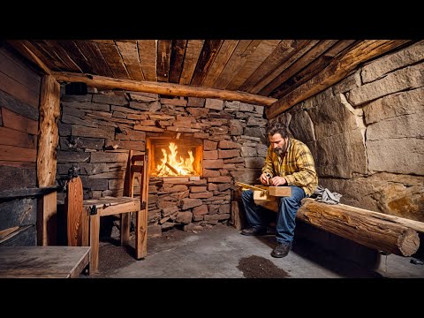 Baute einen Überlebensbunker aus Steinen und Baumstämmen