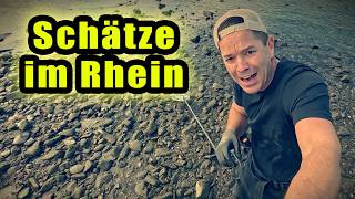 Niedrigwasser am Rhein - mit dem Metalldetektor im ausgetrockneten Flussbett