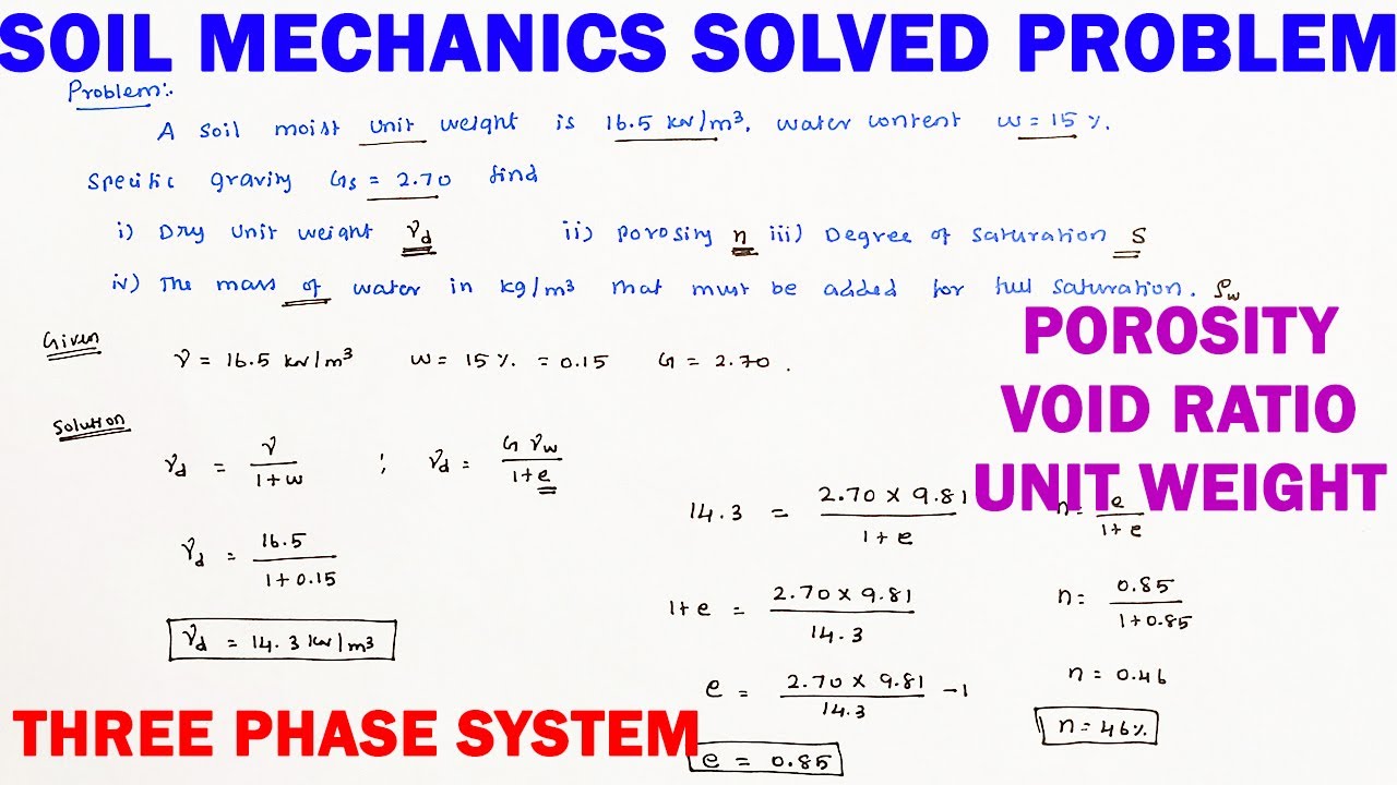 soil mechanics numerical | three phase system numerical | void ratio, porosity, degree of saturation