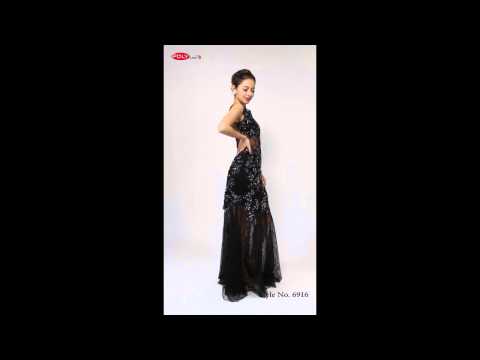 Polyusa Style 6916 Black Mesh and Lace Gown with Rhinestones