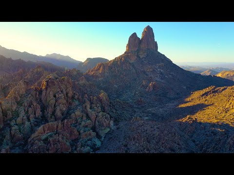 Superstition Mountains AZ Drone Sunset Footage Weavers Needle and Lost Dutchman's Mine Flatiron