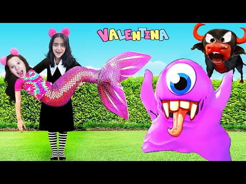 Valentina and Maria Clara in a FUNNY STORY of the Mermaid, Running Bull and the SLIME MONSTER