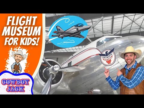 Thumbnail for a kids’ flight museum video: an orange panel reading “Flight Museum for Kids!” with a cartoon cowboy, beside a real man in a cowboy hat pointing at a vintage silver propeller airplane showing the Continental Air Lines logo.