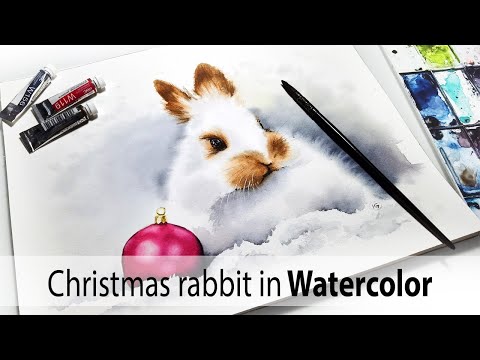 Christmas rabbit in Watercolor. How to paint snow and white animals.