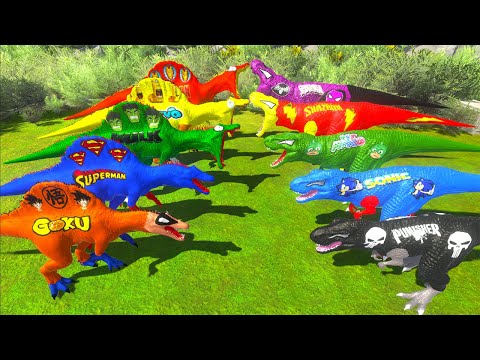 Team Superman Spinosaurus vs Sonic T-rex Speed Race Death Run - Animal Revolt Battle Simulator