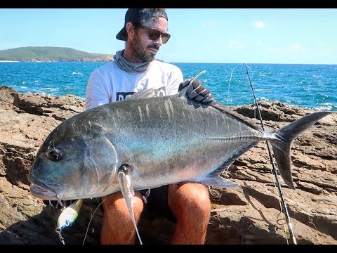 FISHING FROM SHORE ON TROPICAL ISLAND! CRAZY GT ACTION