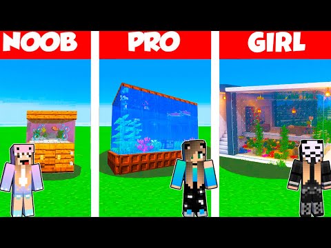 Minecraft Battle: AQUARIUM HOUSE BUILD CHALLENGE - NOOB vs PRO vs GIRL / Animation OCEANARIUM
