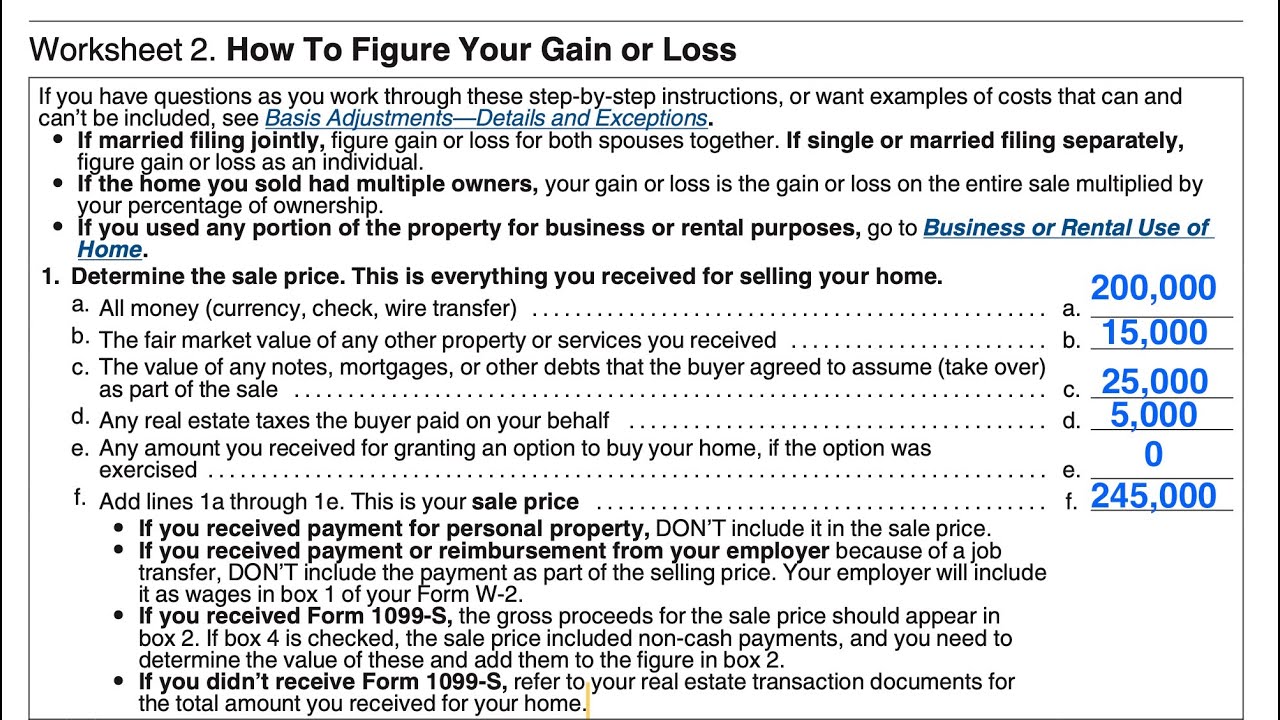 How to figure your gain or loss worksheet walkthrough (IRS Publication 523, Selling Your Home)
