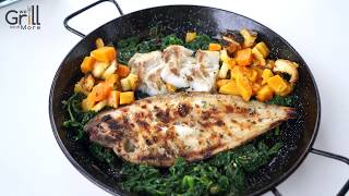 Sogliola e merluzzo con spinaci e zucca alla griglia