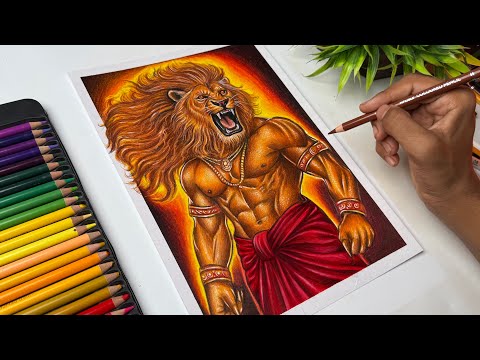 Mahavatar Narsimha Drawing, Colour Pencil Drawing, Step-by-step