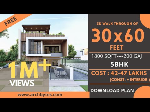 30x60 House Design 3D | 1800 Sqft | 200 Gaj | 5 BHK | Modern Design | Terrace Garden | 9x18 Meters