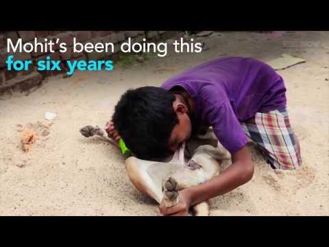 , title : 'طفل هندي يتغذى على لبن الكلاب الضالة'