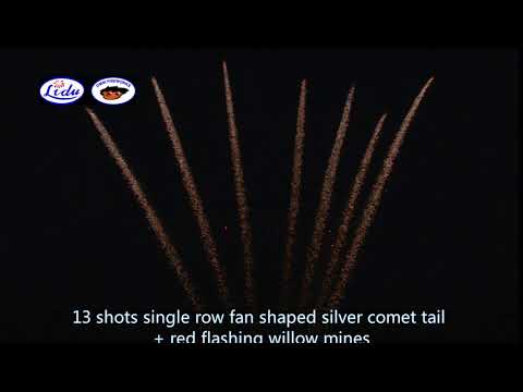 13 shots single row fan shaped silver comet tail + red flashing willow mines
