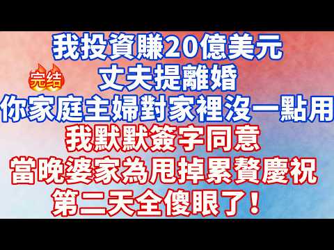 我投資賺20億美元，丈夫提離婚，&ldquo;你家庭主婦對家裡沒一點用處&rdquo;，當晚婆家為甩掉累贅慶祝，第二天全傻眼了！#情感故事 #深夜淺讀 #幸福人生 #小说 #爽文 #人生感悟 #出軌 #大女主