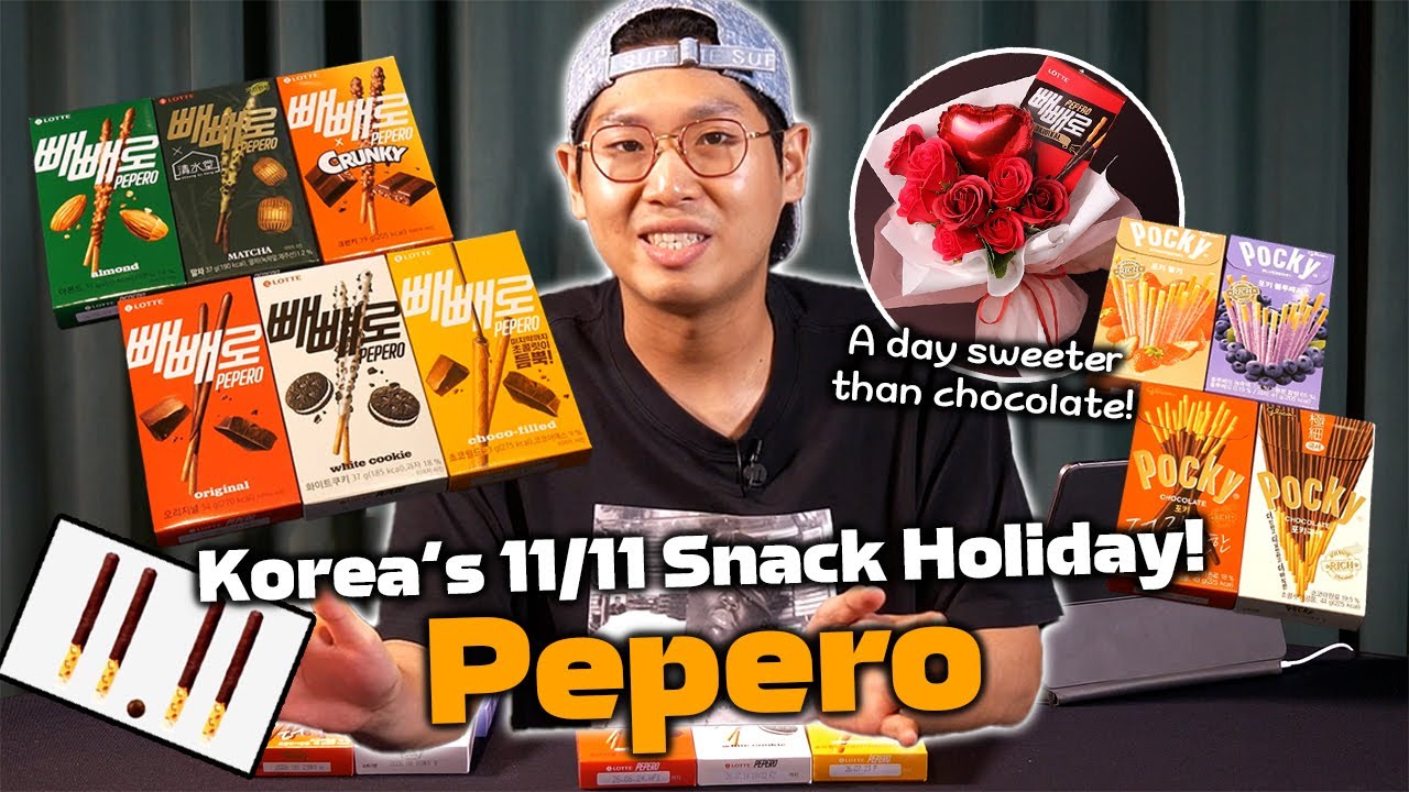 Korean Pepero Day November 11 celebration showing chocolate stick gift exchanges between friends and couples
