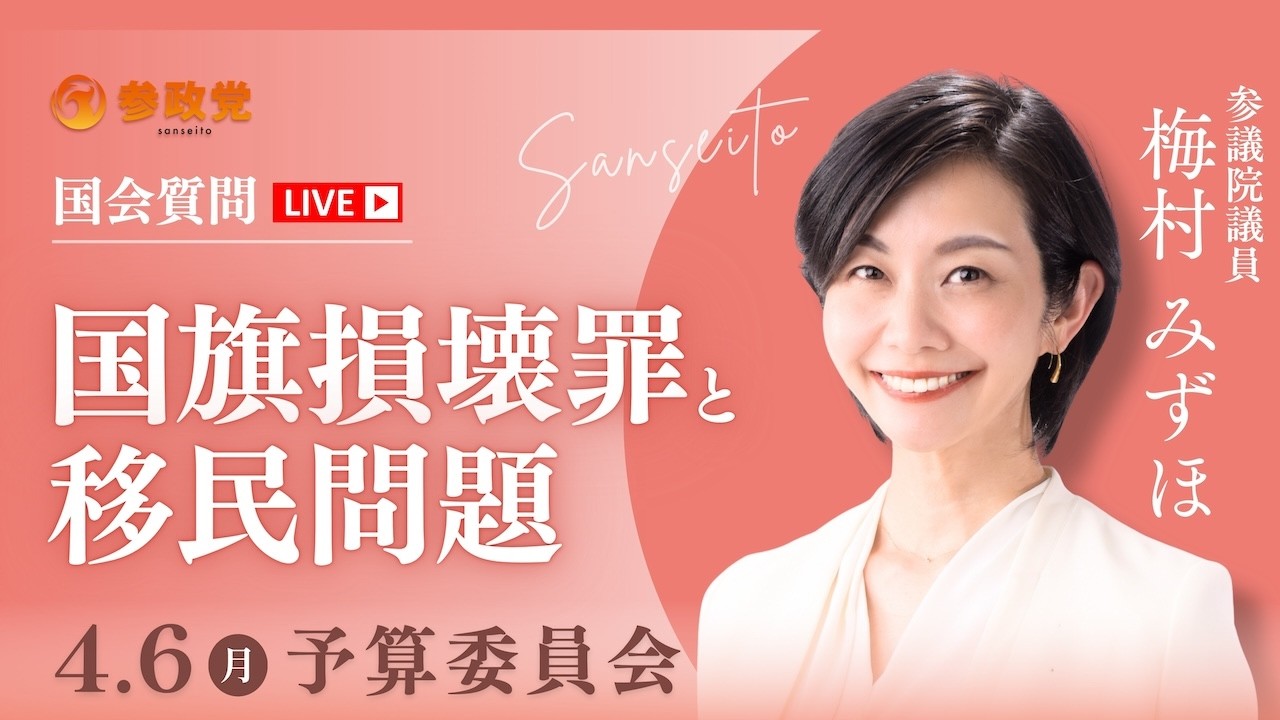 【国会中継】「国旗損壊罪と移民問題」参議院議員 梅村みずほ  国会質疑 令和8年4月6日 参政党