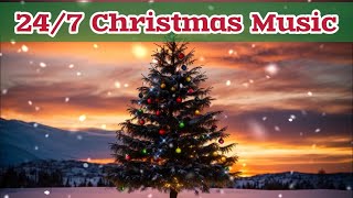 24/7 Christmas Music Sparkling Tree Snowing Mountain Sunset Background Relaxing Instrumental Songs