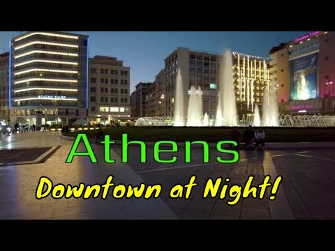 Touring downtown streets at night in Athens Greece