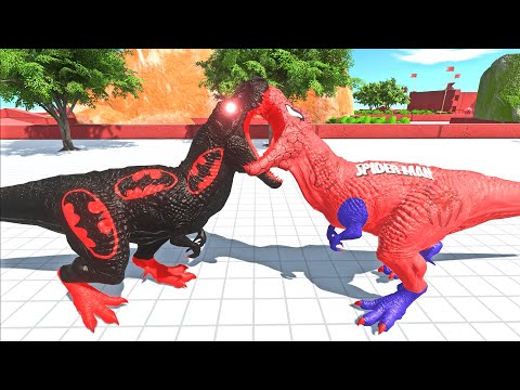 RED BATMAN T-REX vs SPIDERMAN T-REX DEATH RUN - Animal Revolt Battle Simulator ARBS