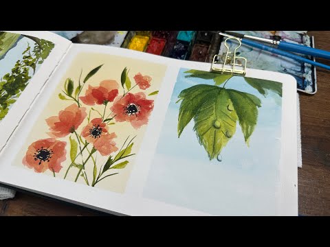 Watercolor Journal Day 203 (Green Leaf and Red Poppies)