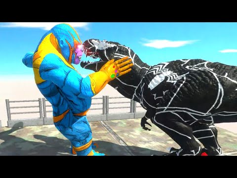 VENOM T REX vs THANOS GORO THE GIANT in MOUNTAIN DEATH FALL - Animal Revolt Battle Simulator