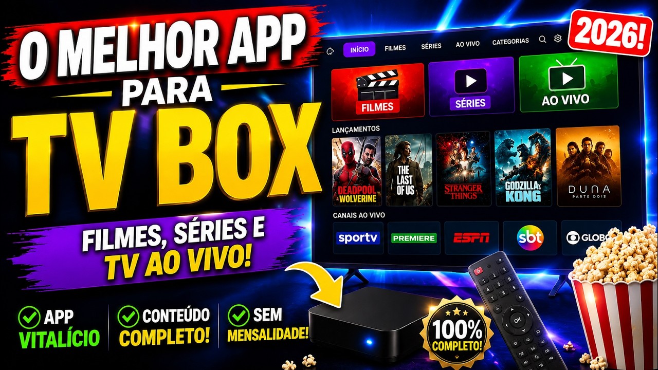 🔥 O MELHOR APP PARA TV BOX EM 2026! (APP VITALÍCIO) COMPLETO, COM FILMES, SÉRIES E TV AO VIVO