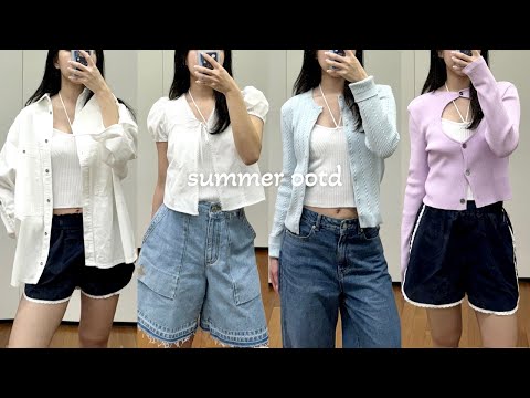 여름 패션하울 𐙚⋆˚ 여름 데님팬츠 추천, 비비안웨스트우드 데님 버뮤다팬츠, 뉴진스 하니 퍼프 블라우스, 리포메이션 가디건, 여자 셔츠, 가디건, 여름 룩북, 여름 코디, 쇼핑하울
