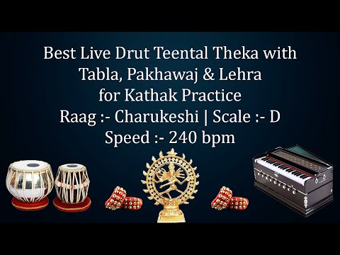 Best Live Drut Teental Theka with Lehra | Kathak Practice | Charukeshi | D Scale | 240 bpm | Safed 2