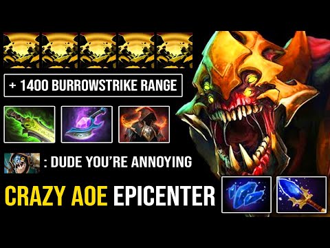 100% FULL AGHANIM EFFECT Max Range Burrowstrike + Imba AoE Epicenter with E Blade Sand King DotA 2