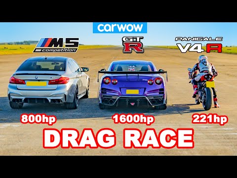 BMW M5 v Nissan GT-R v Ducati V4R - DRAG RACE *mobil modif vs motor standar*