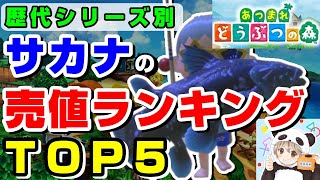 【あつ森】サカナの売値ランキングTOP5を歴代シリーズ別に紹介します！【あつまれどうぶつの森 サカナ（魚）の歴史・ヒストリー】【どうぶつの森64、+、e+、おいでよ、街へいこうよ、とびだせ】