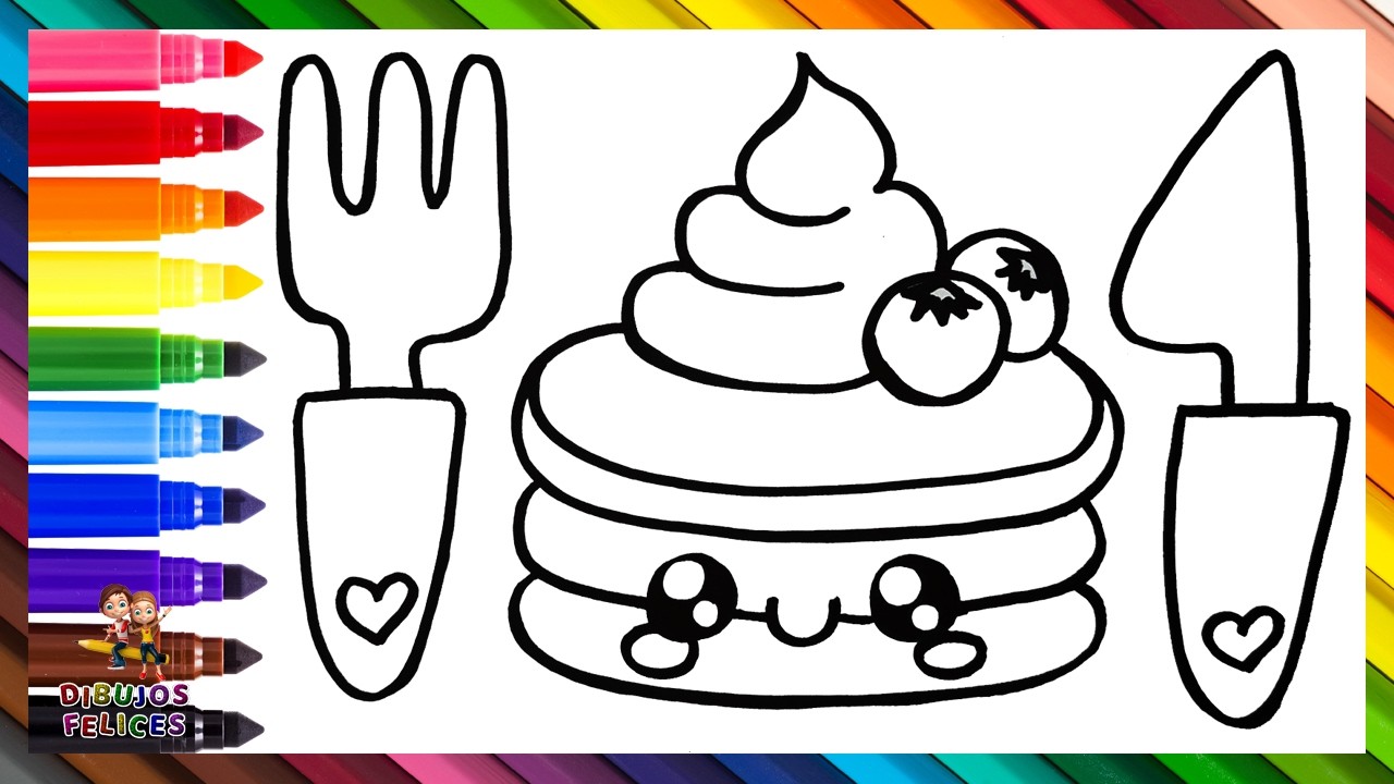Dibuja y Colorea Una Linda Pila De Panqueques Con Cubiertos 🥞🍁🌈 Dibujos Para Niños