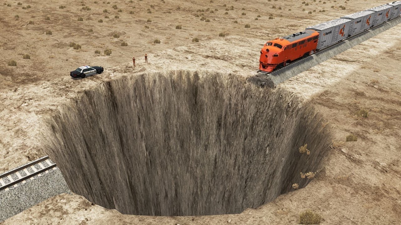 Trains vs Giant Pit – BeamNG.Drive