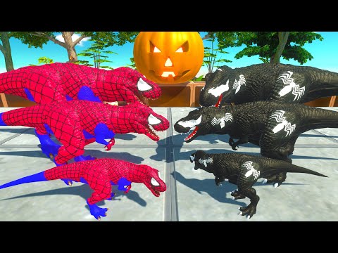 Dinosaur Spiderman Team vs Venom Team T-rex Death Battle - Animal Revolt Battle Simulator