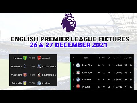 ENGLISH PREMIER LEAGUE FIXTURES 26 & 27 DECEMBER 2021 ~ EPL STANDINGS 2021/22 SEASON