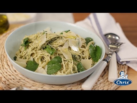 Spaghetti with spinach pine nut pecorino and chilli