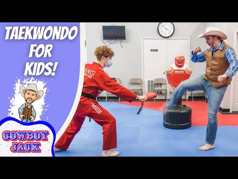 Thumbnail for Taekwondo for Kids: cartoon cowboy on the left; on the right, a red‑uniform instructor holds a kicking pad while a cowboy‑hatted man performs a kick in a dojo setting.
