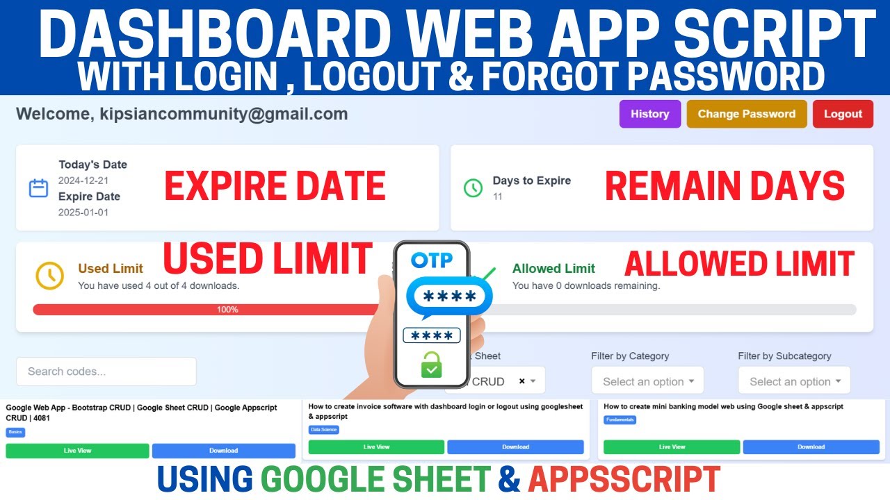 Google App Script Dashboard Web App Login or logout & Forgot Password | C20